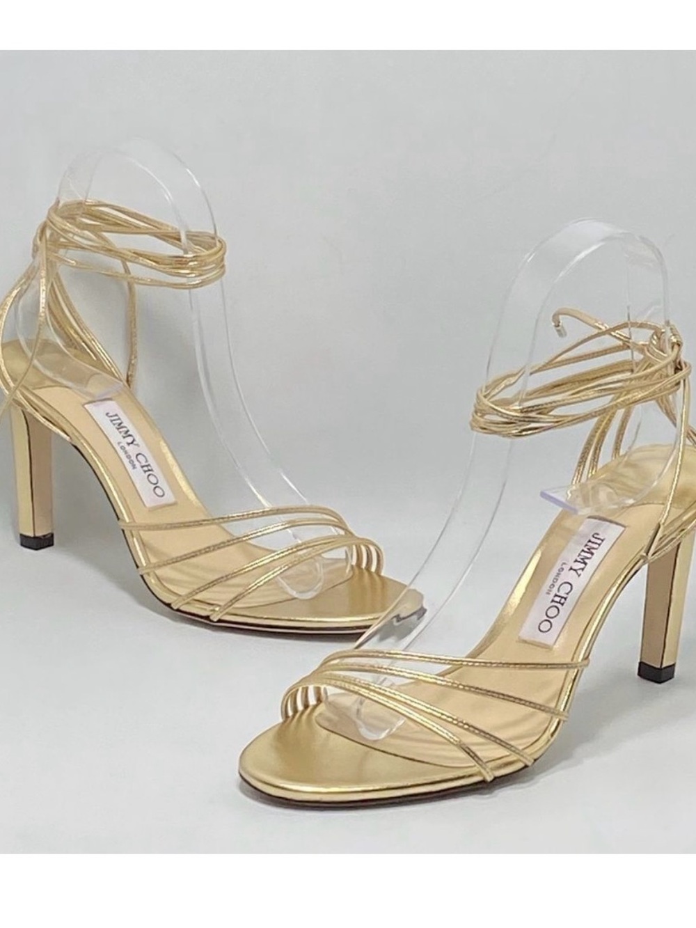 Jimmy Choo Antia Metallic Gold Lace Up Strappy Block Heel Sandals